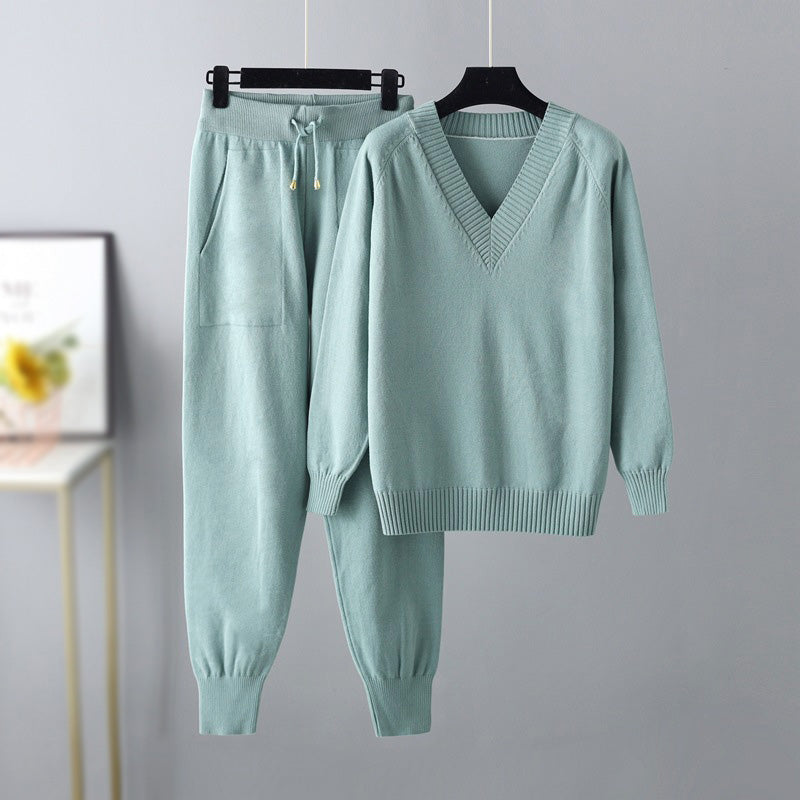 Women’s two-piece set with V-neck top and jogger trousers