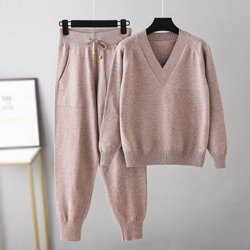 Women’s two-piece set with V-neck top and jogger trousers