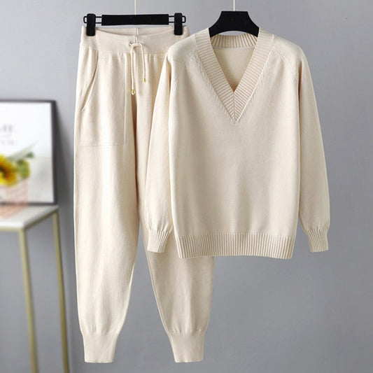 Women’s two-piece set with V-neck top and jogger trousers