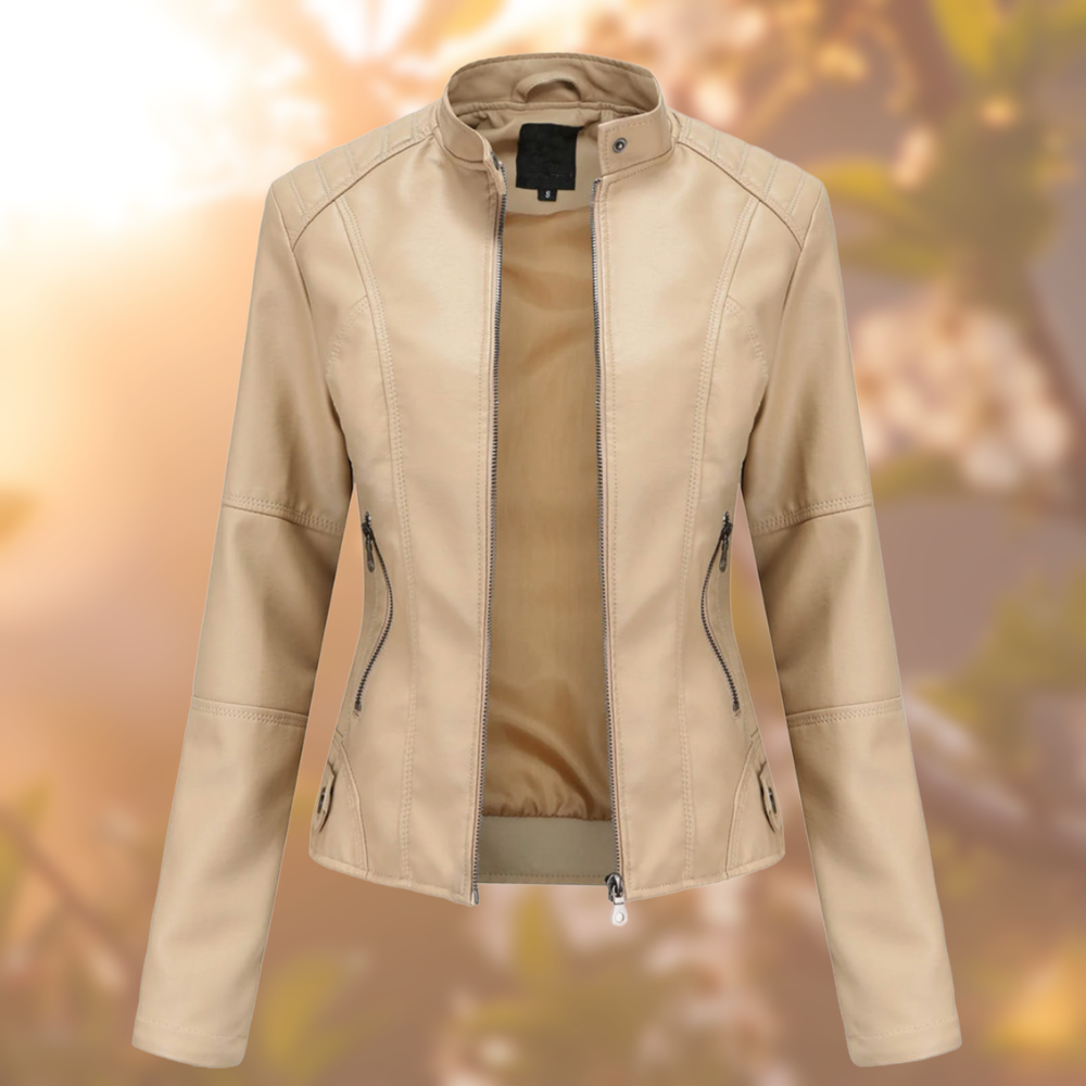Cleo women’s biker jacket with asymmetrical zip and metal accents, structured and modern