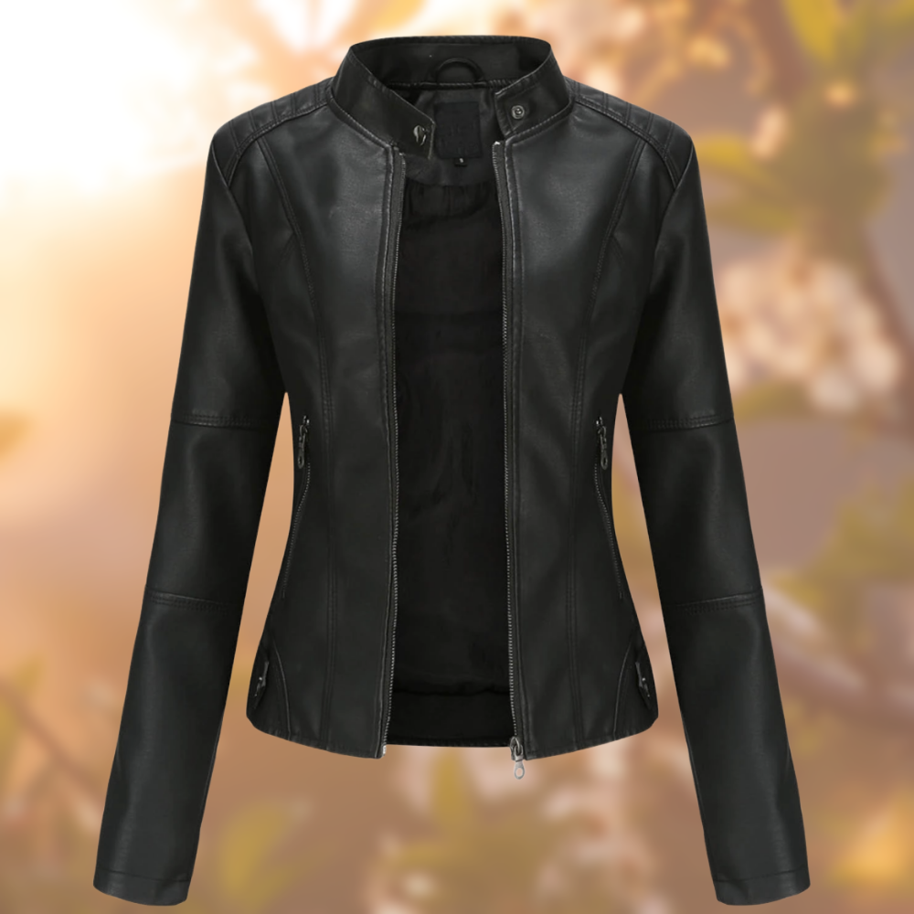 Cleo women’s biker jacket with asymmetrical zip and metal accents, structured and modern