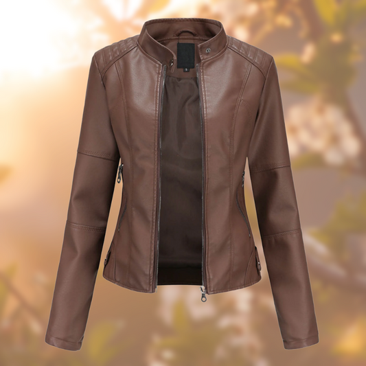 Cleo women’s biker jacket with asymmetrical zip and metal accents, structured and modern