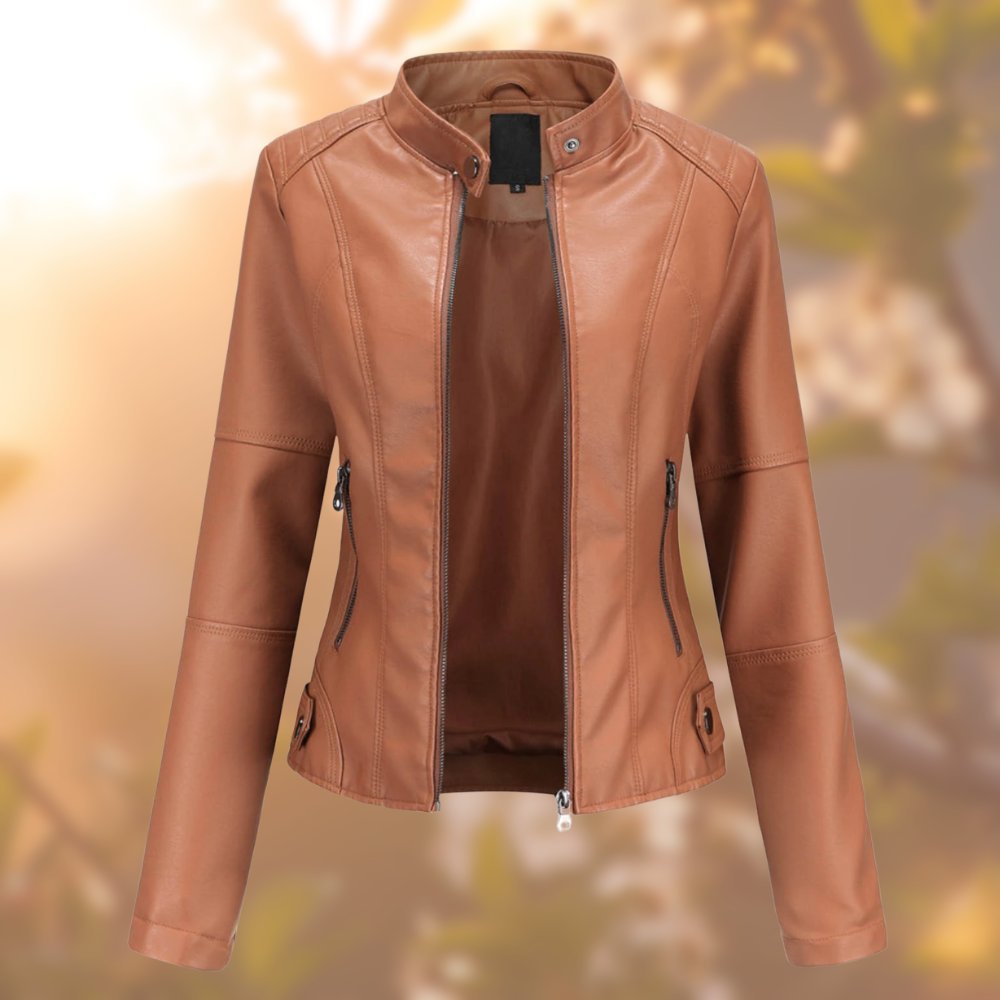 Cleo women’s biker jacket with asymmetrical zip and metal accents, structured and modern