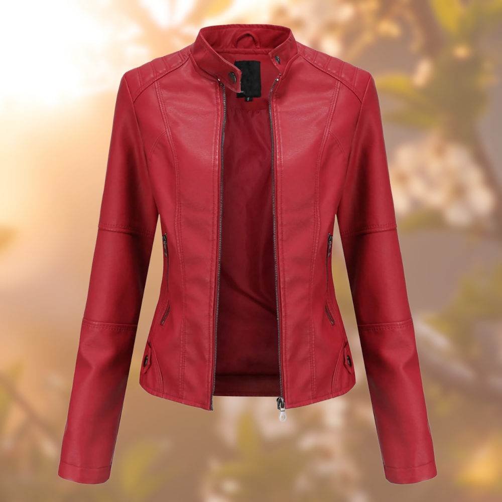 Cleo women’s biker jacket with asymmetrical zip and metal accents, structured and modern