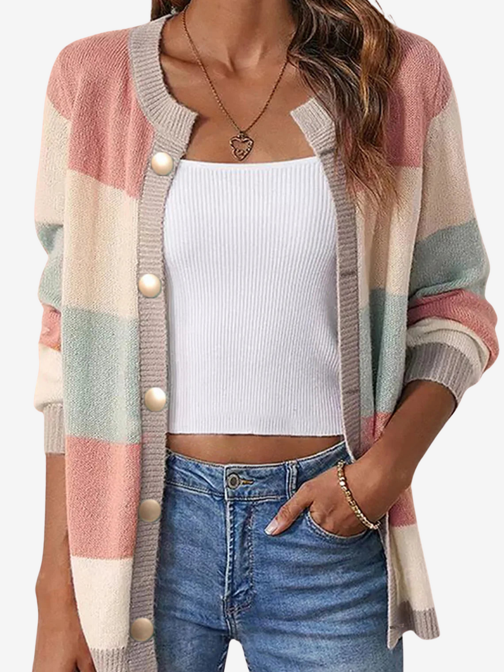 Women’s buttoned sweater with lightweight knit design.