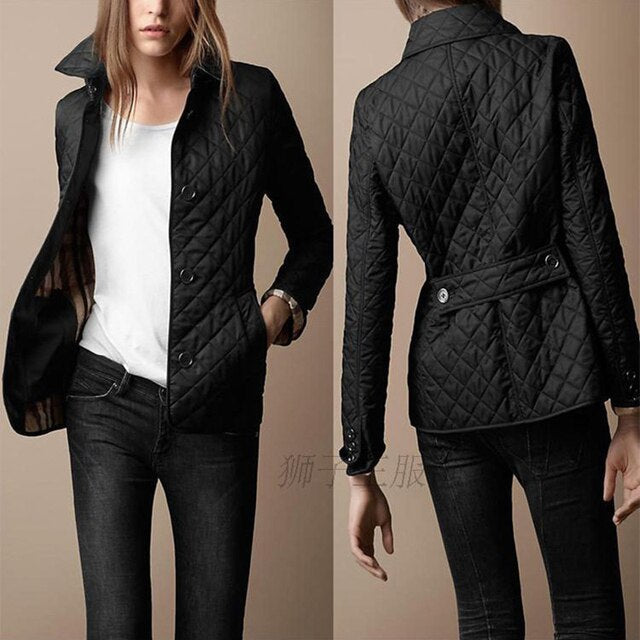 Elara women’s winter jacket with high collar and diamond pattern, tailored fit for winter style