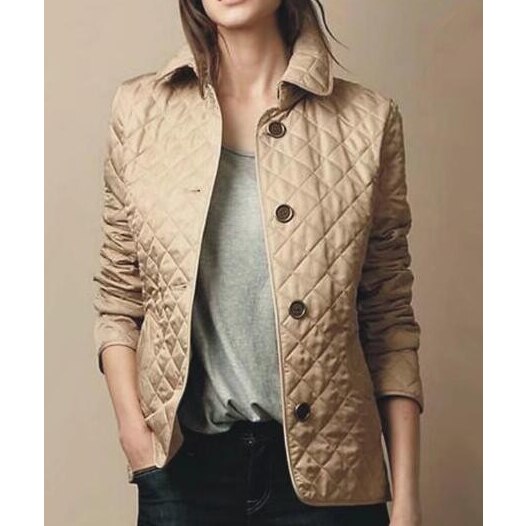 Elara women’s winter jacket with high collar and diamond pattern, tailored fit for winter style