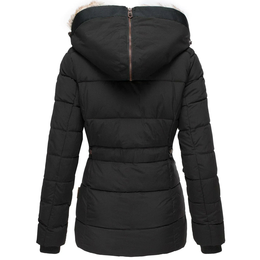 Christina women's lined coat with a long, refined silhouette and a convertible hood.