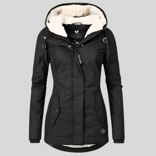 Vivienne women’s waterproof winter coat with hood and high collar design
