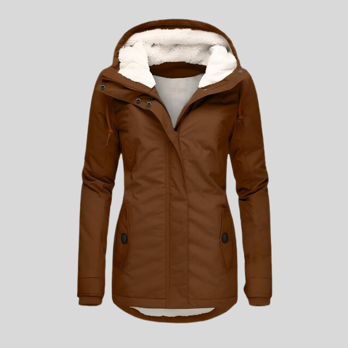 Vivienne women’s waterproof winter coat with hood and high collar design