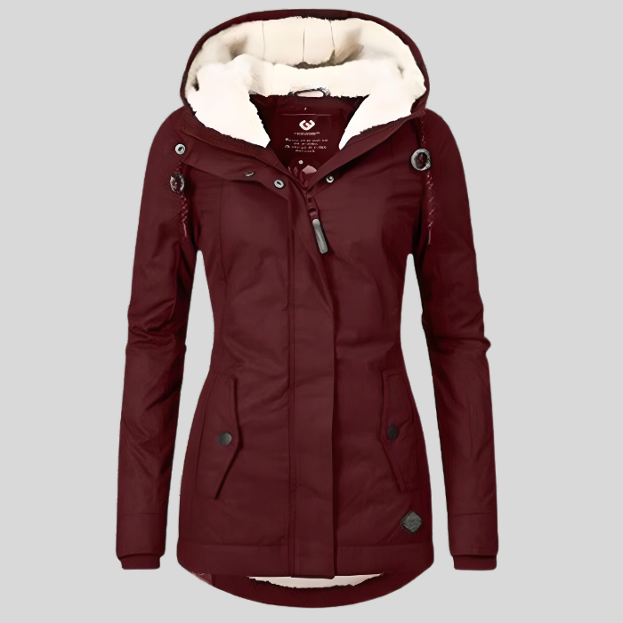 Vivienne women’s waterproof winter coat with hood and high collar design