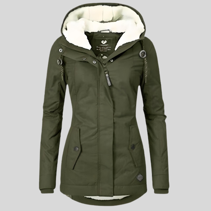 Vivienne women’s waterproof winter coat with hood and high collar design