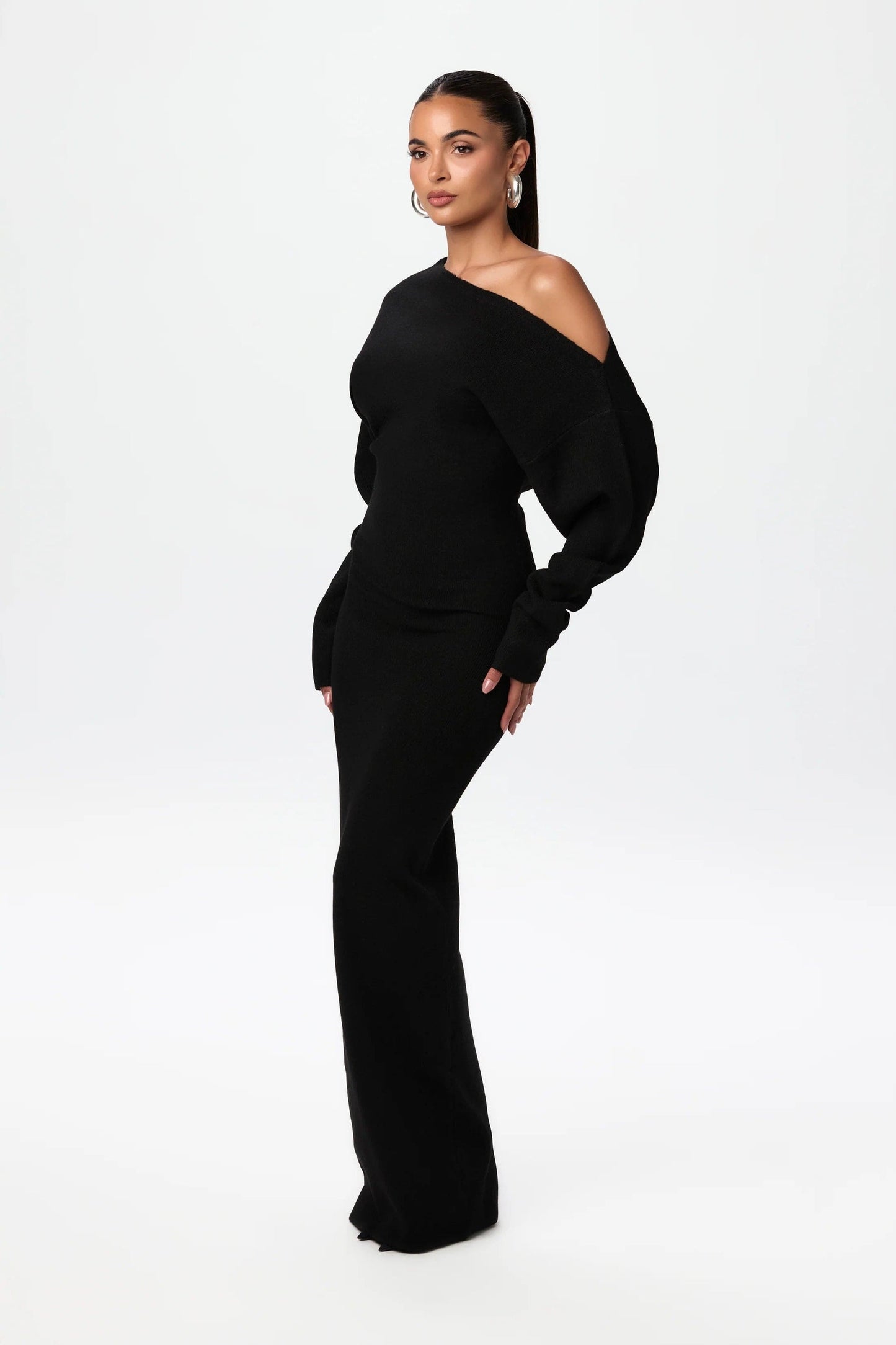 Lucienne women’s long off-shoulder knitted sweater dress – chic autumn winter knitwear
