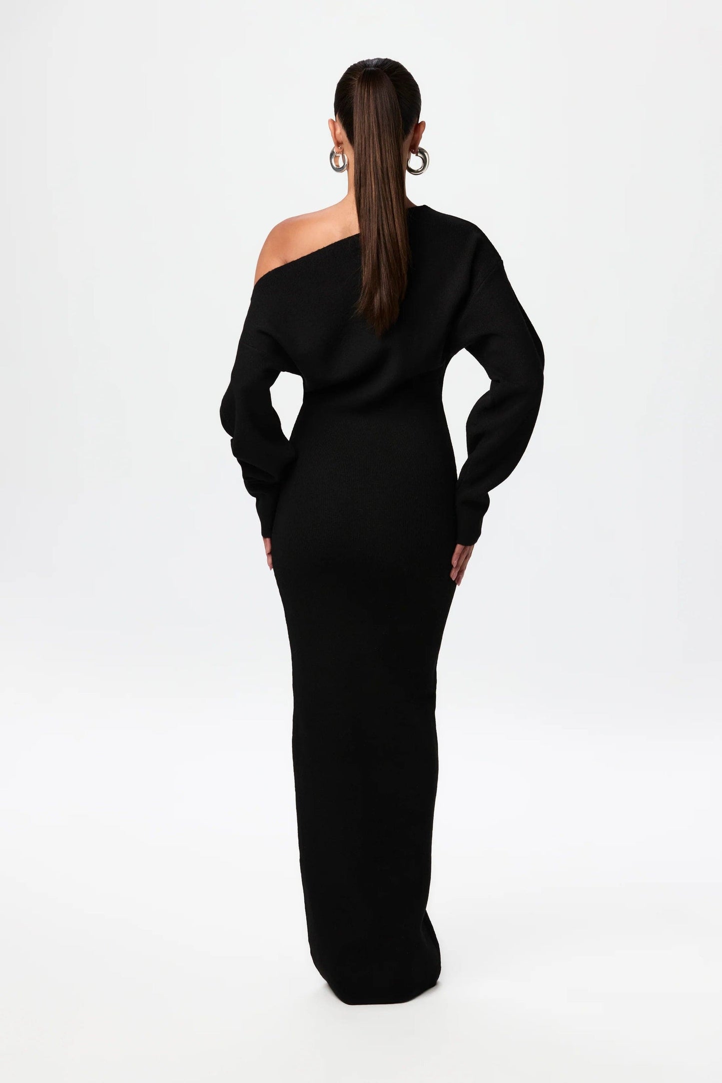 Lucienne women’s long off-shoulder knitted sweater dress – chic autumn winter knitwear