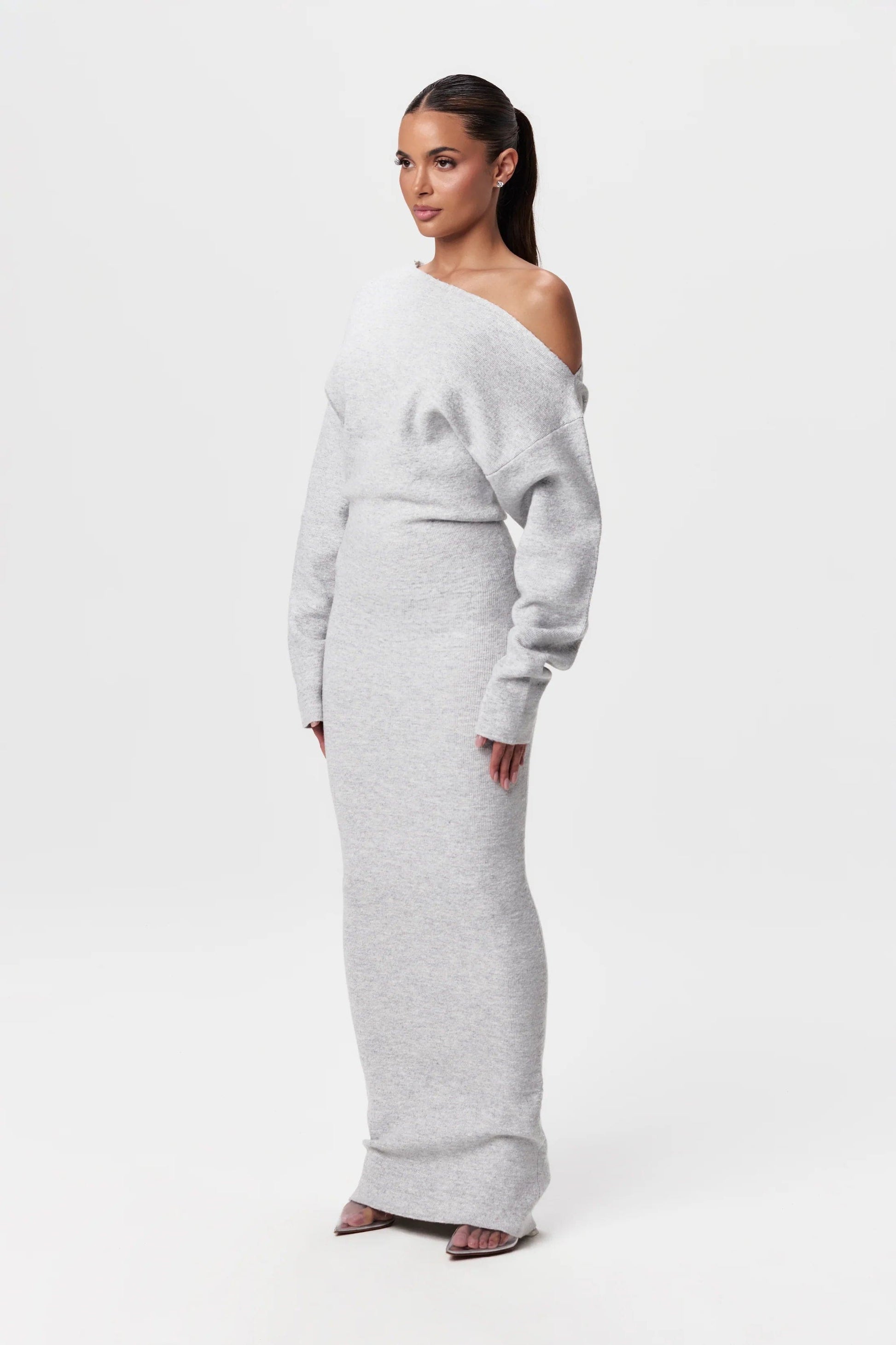Lucienne women’s long off-shoulder knitted sweater dress – chic autumn winter knitwear