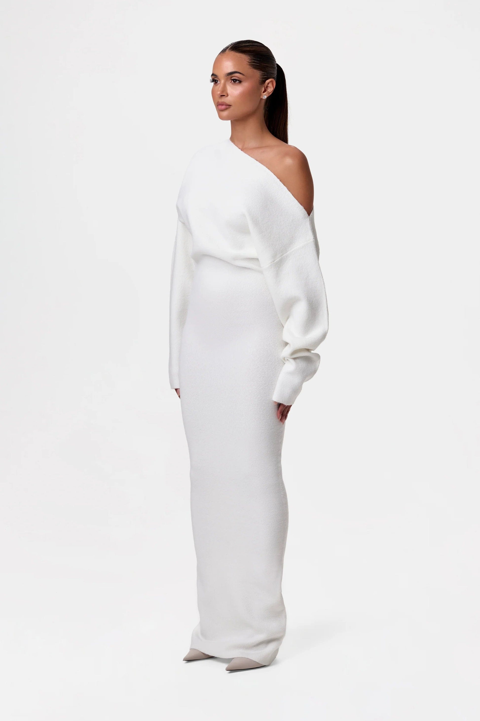 Lucienne women’s long off-shoulder knitted sweater dress – chic autumn winter knitwear