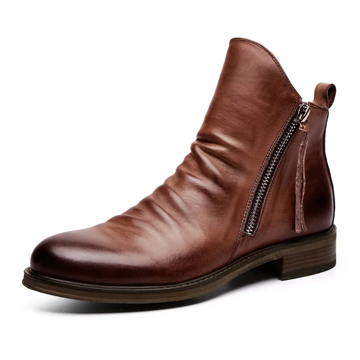 Keaton men's faux leather boots with a sleek Chelsea cut and a sturdy sole.