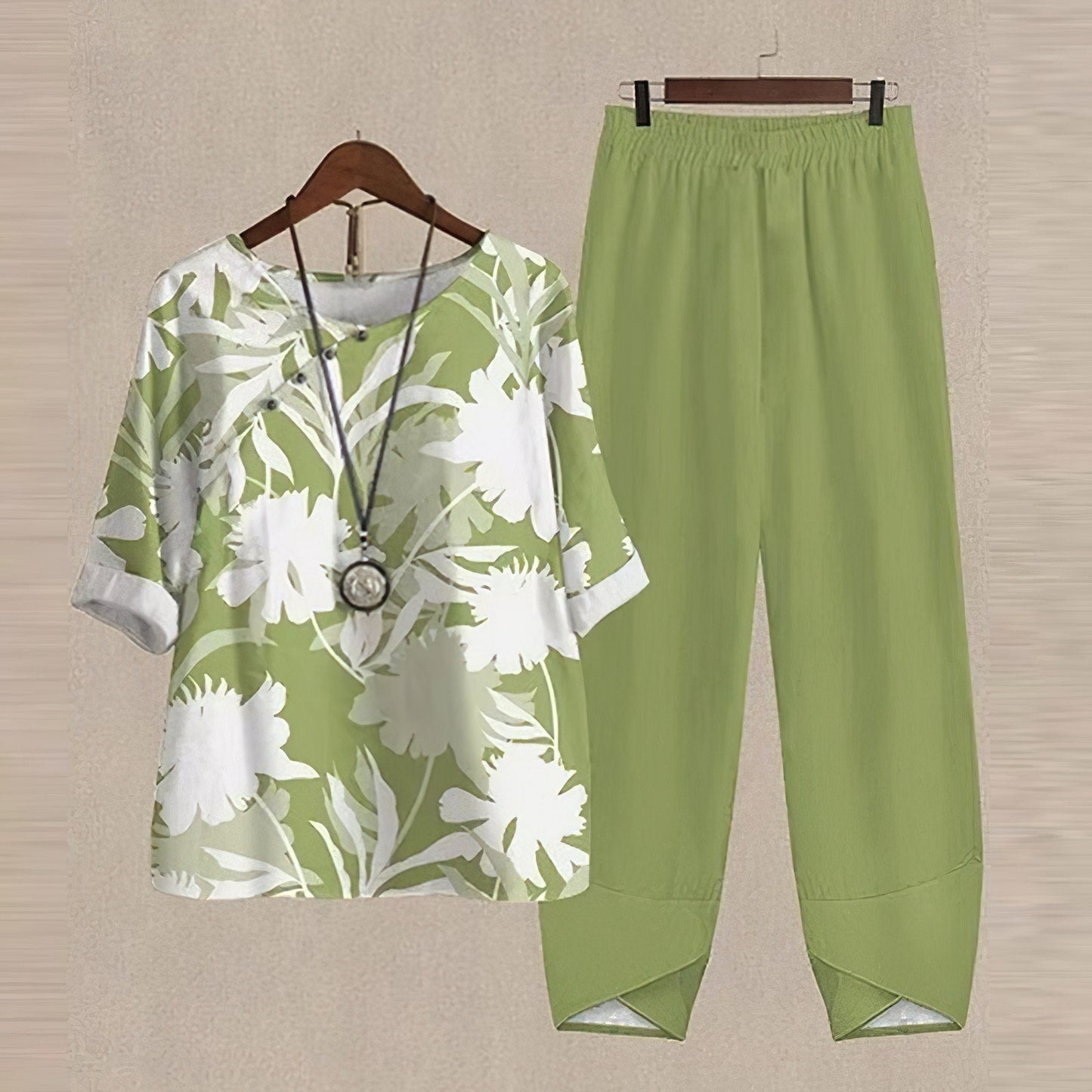 Isla casual two-piece set with a short-sleeve top and soft, elastic-waist pants.