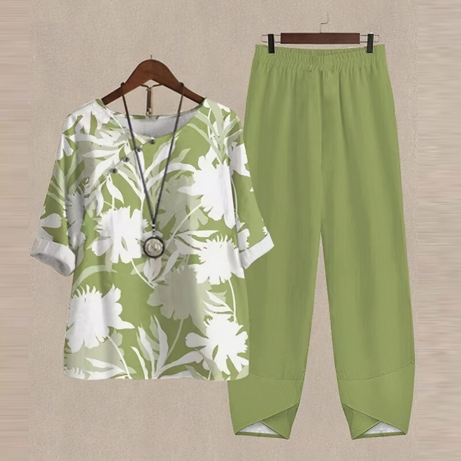 Isla casual two-piece set with a short-sleeve top and soft, elastic-waist pants.