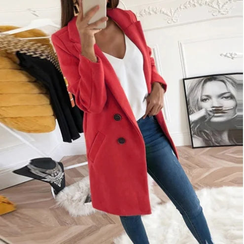 Victoria elegant long winter coat for women with a structured silhouette and clean lines.