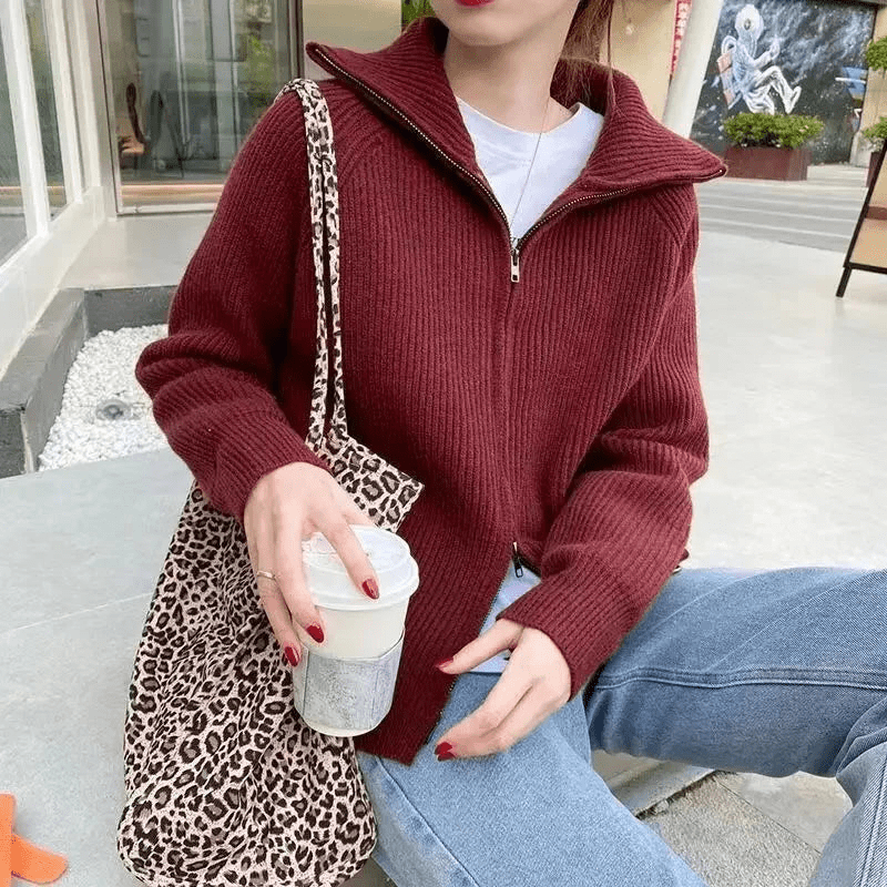 Roswen chic knit zip cardigan with ribbed texture and relaxed fit in neutral tones