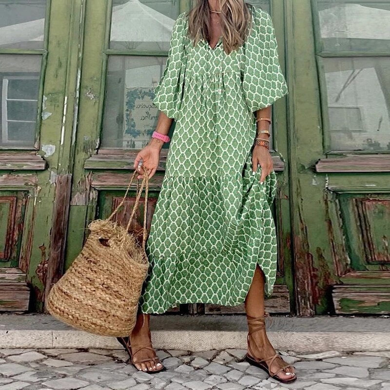 Elowen women’s printed bohemian V-neck dress with puff sleeves in multiple colours