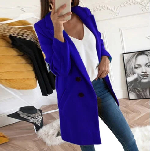 Victoria elegant long winter coat for women with a structured silhouette and clean lines.