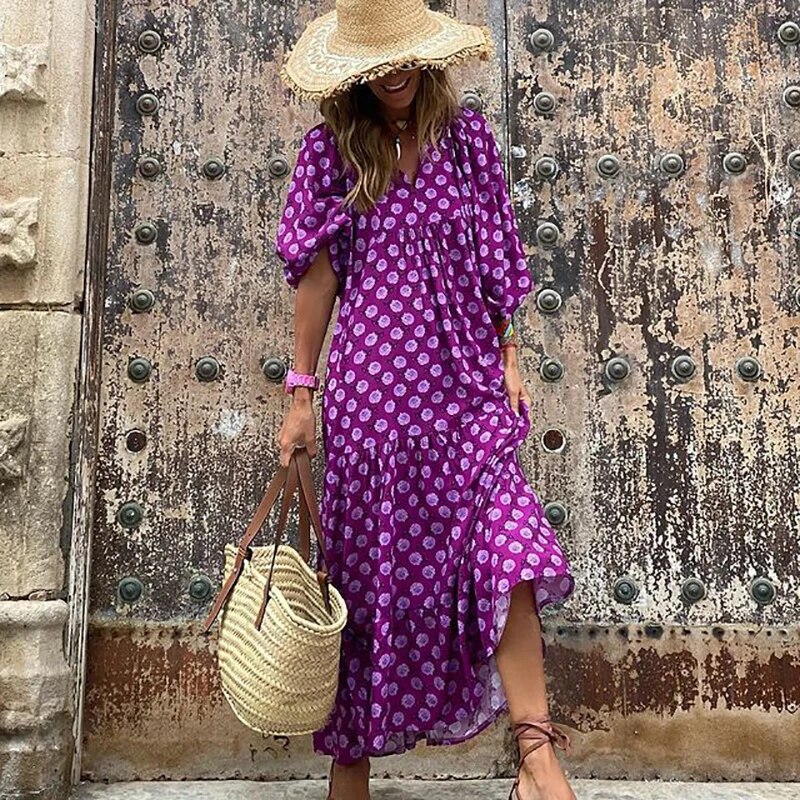 Elowen women’s printed bohemian V-neck dress with puff sleeves in multiple colours