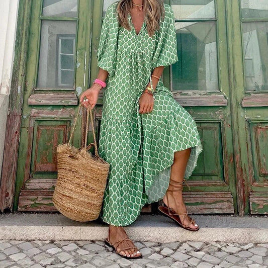 Elowen women’s printed bohemian V-neck dress with puff sleeves in multiple colours