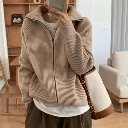 Roswen chic knit zip cardigan with ribbed texture and relaxed fit in neutral tones
