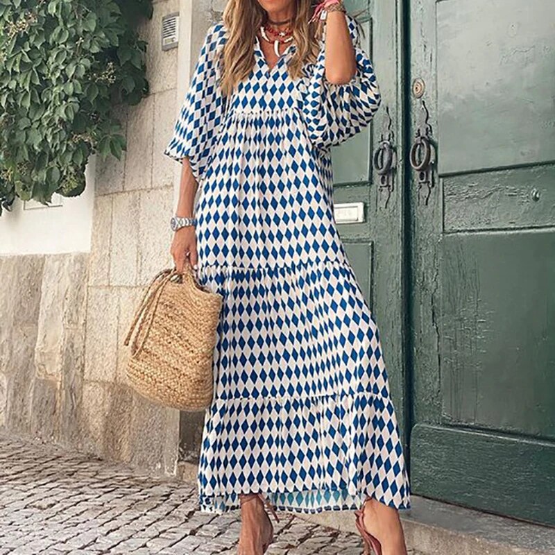 Elowen women’s printed bohemian V-neck dress with puff sleeves in multiple colours