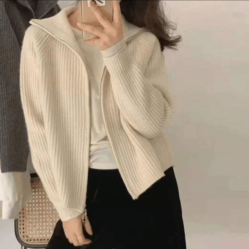 Roswen chic knit zip cardigan with ribbed texture and relaxed fit in neutral tones