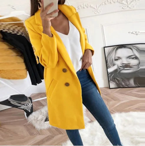 Victoria elegant long winter coat for women with a structured silhouette and clean lines.