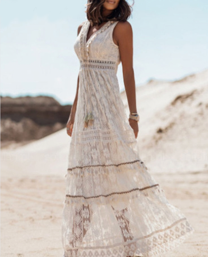 Selene long bohemian women’s dress with embroidery and V-neck belt design