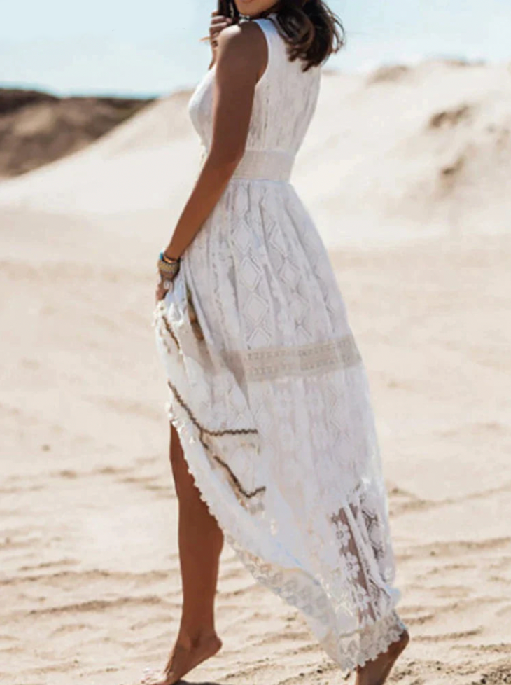 Selene long bohemian women’s dress with embroidery and V-neck belt design