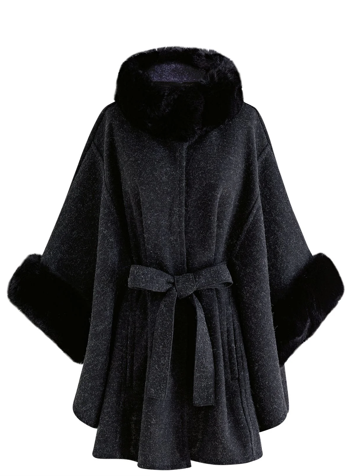 Rowena women’s cape-style midi coat with faux leather collar and sleeve accents – black