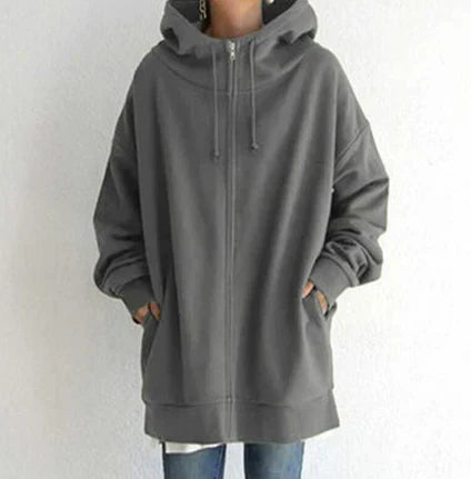 Keila women’s long zip-up hoodie with spacious hood and fluid cut