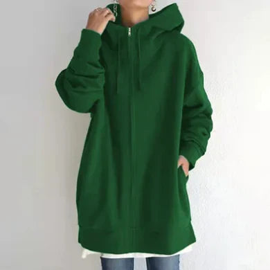Keila women’s long zip-up hoodie with spacious hood and fluid cut