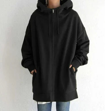 Keila women’s long zip-up hoodie with spacious hood and fluid cut