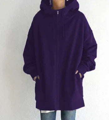 Keila women’s long zip-up hoodie with spacious hood and fluid cut