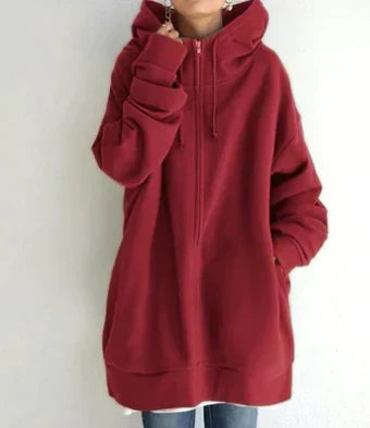 Keila women’s long zip-up hoodie with spacious hood and fluid cut