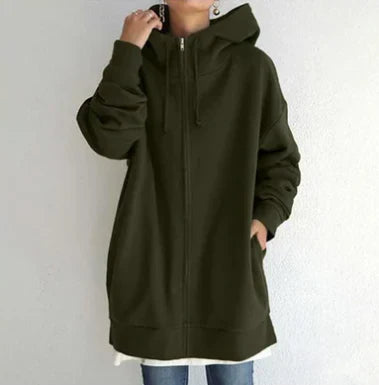 Keila women’s long zip-up hoodie with spacious hood and fluid cut
