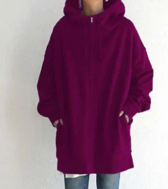 Keila women’s long zip-up hoodie with spacious hood and fluid cut