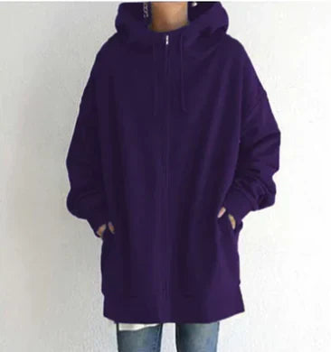 Keila women’s long zip-up hoodie with spacious hood and fluid cut