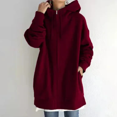 Keila women’s long zip-up hoodie with spacious hood and fluid cut