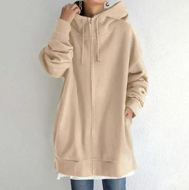 Keila women’s long zip-up hoodie with spacious hood and fluid cut