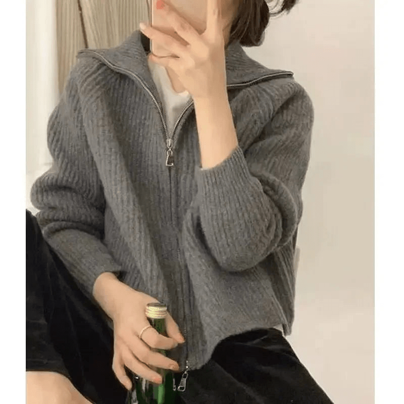 Roswen chic knit zip cardigan with ribbed texture and relaxed fit in neutral tones