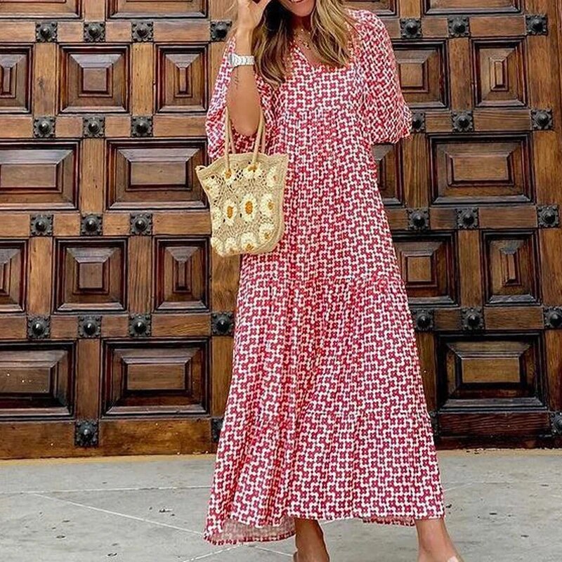 Elowen women’s printed bohemian V-neck dress with puff sleeves in multiple colours