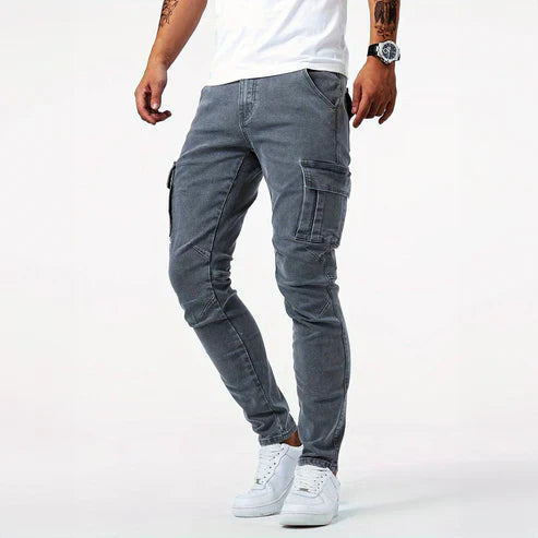 Cade men's cargo jeans with a comfortable, relaxed fit and multiple side pockets.