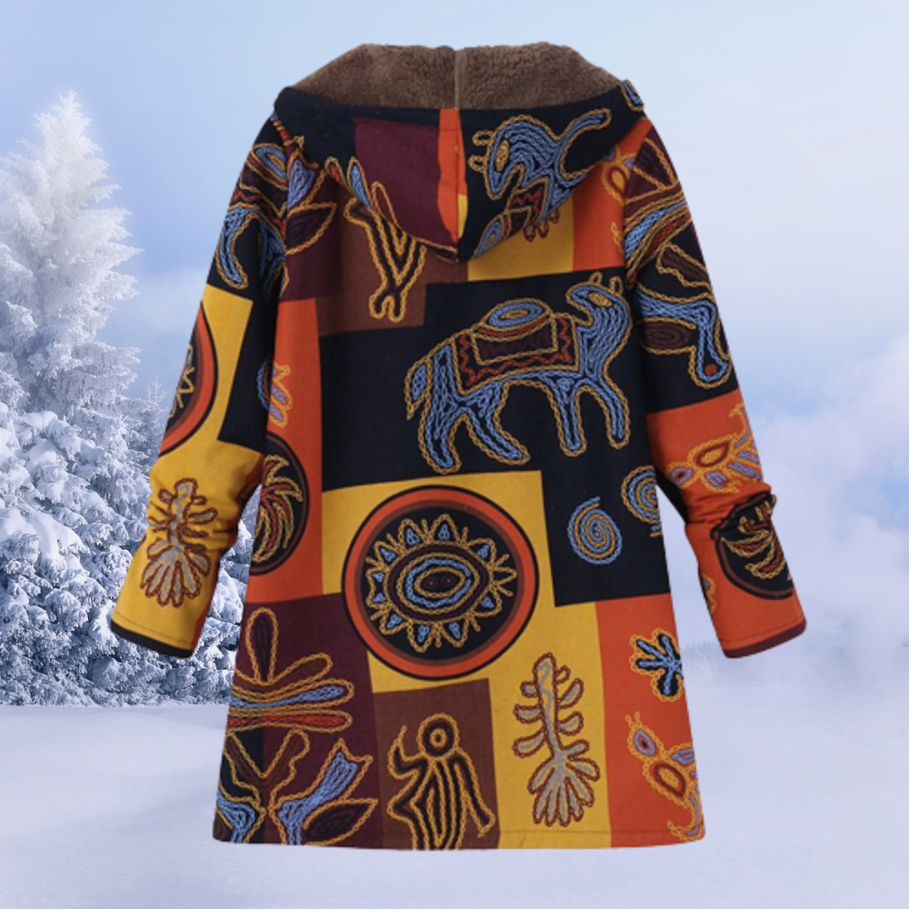 Nasya women’s floral pattern winter coat with hood and fluid silhouette – elegant outerwear